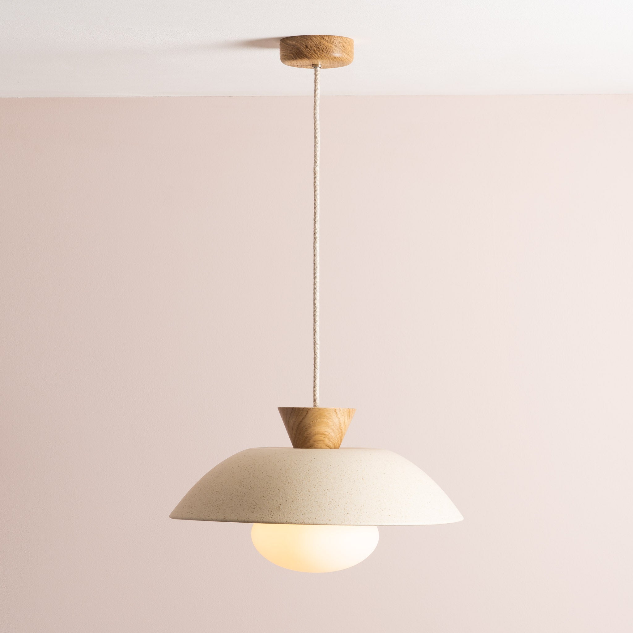 Speckled Cream Matt Dawn Pendant Light in Ceramic and Oak