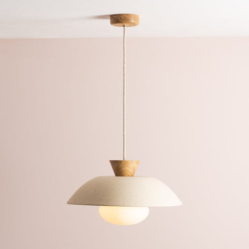 Speckled Cream Matt Dawn Pendant Light in Ceramic and Oak