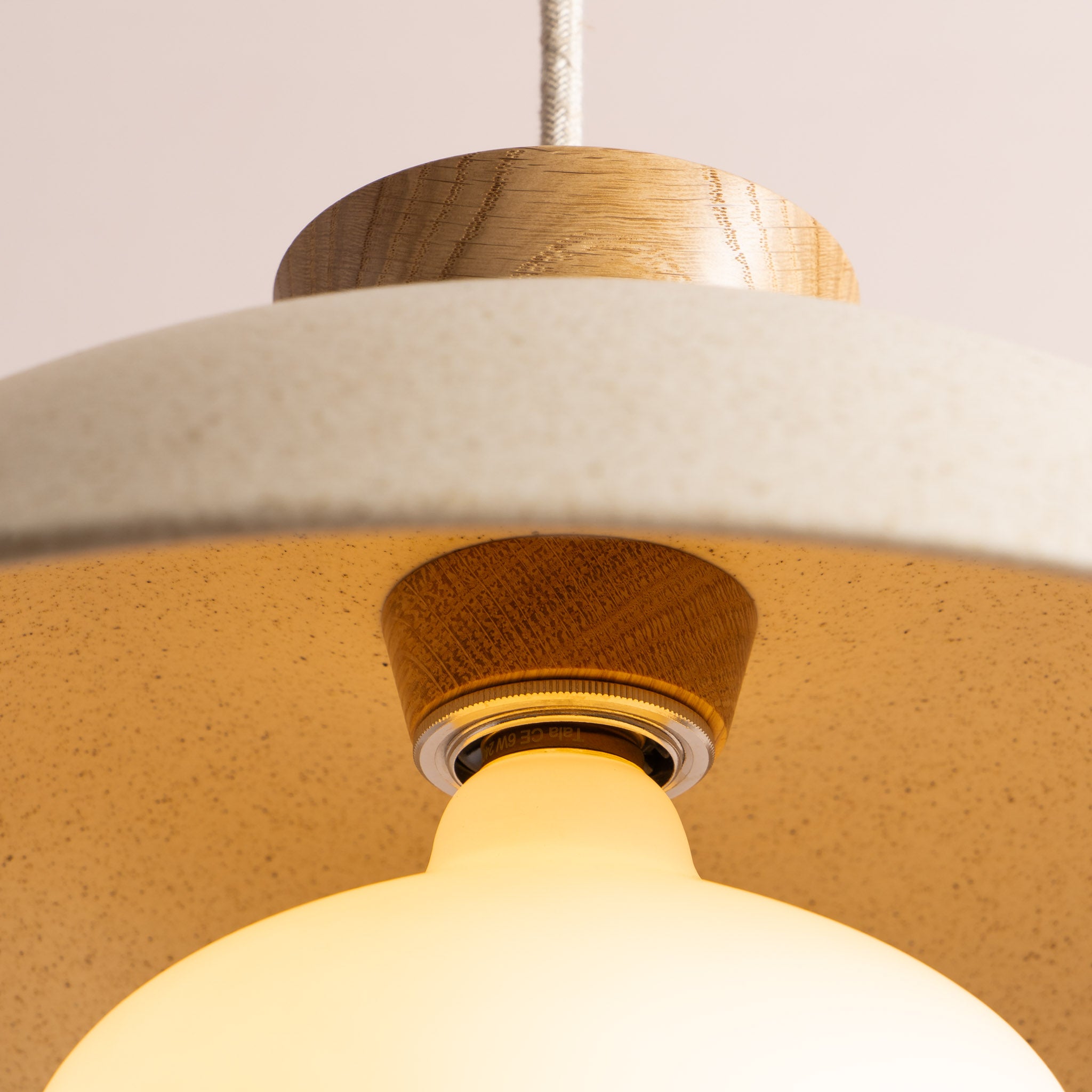 Speckled Cream Matt Dawn Pendant Light in Ceramic and Oak