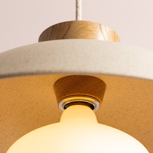 Speckled Cream Matt Dawn Pendant Light in Ceramic and Oak