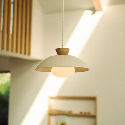 Speckled Cream Matt Dawn Pendant Light in Ceramic and Oak