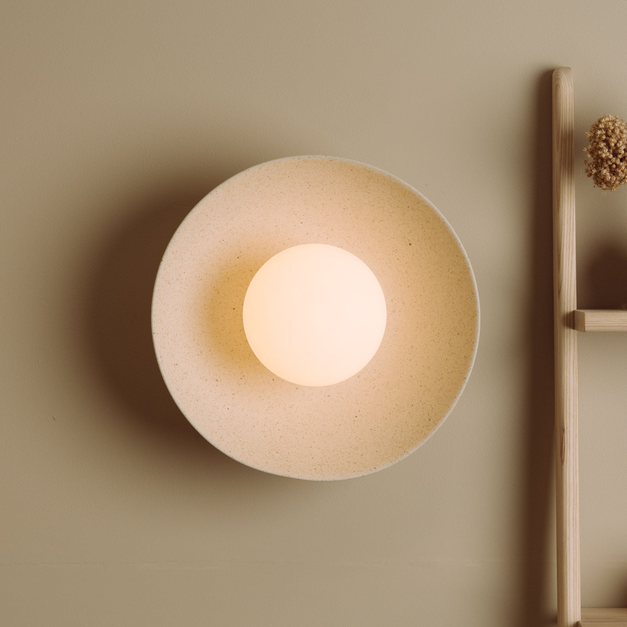 Speckled Cream Matt Dawn Wall Light Sconce in Ceramic and Oak