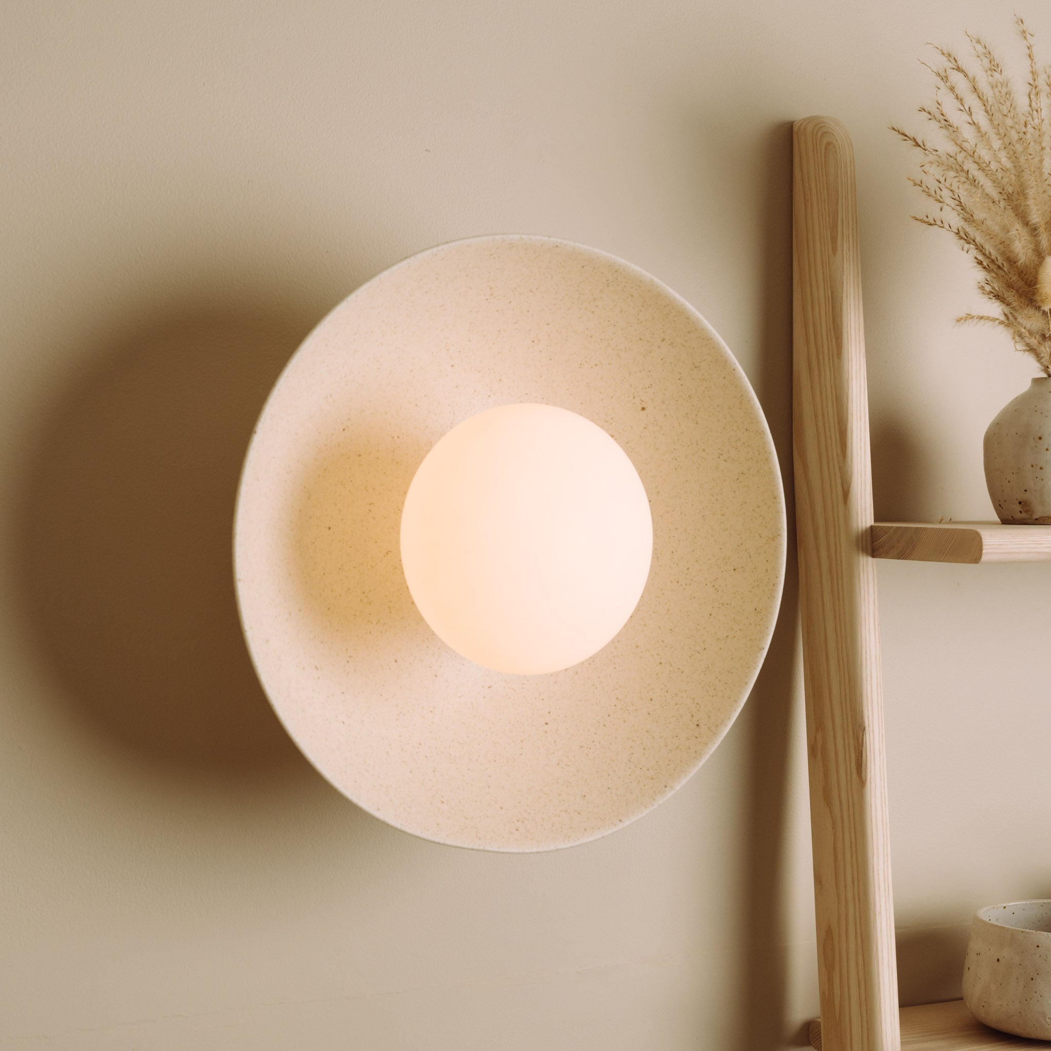 Speckled Cream Matt Dawn Wall Light Sconce in Ceramic and Oak