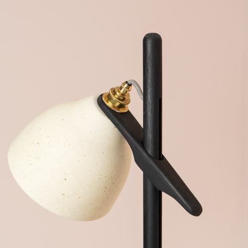 Speckled Cream Matt Element Floor Lamp in Solid Oak Wood and Ceramic