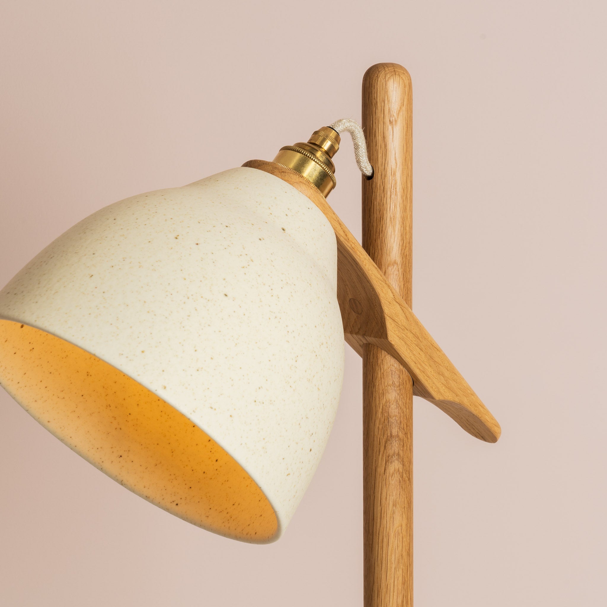 Speckled Cream Matt Element Floor Lamp in Solid Oak Wood and Ceramic