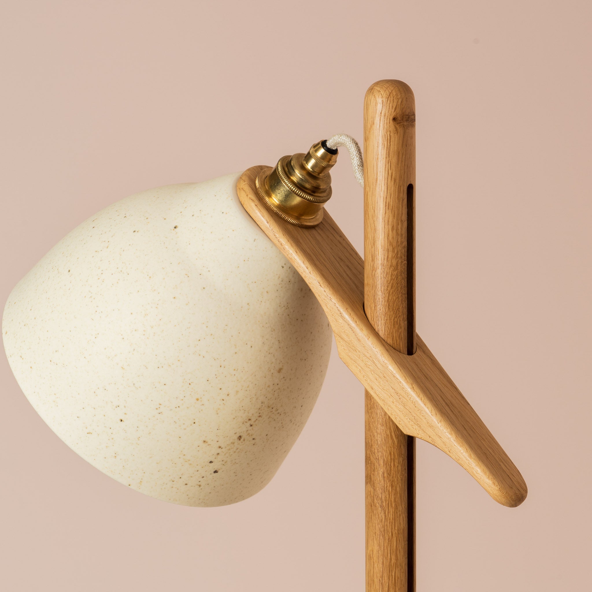 Speckled Cream Matt Element Floor Lamp in Solid Oak Wood and Ceramic