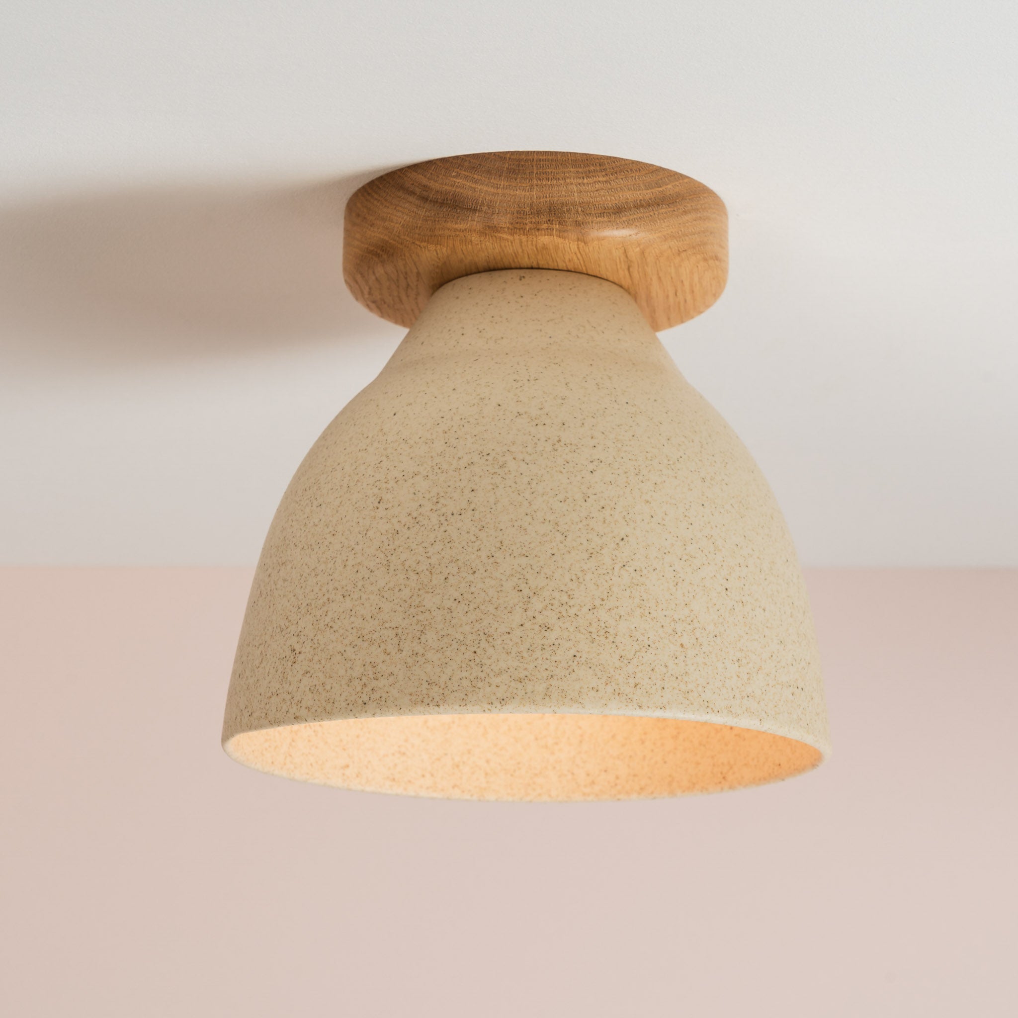 Speckled Cream Matt Element Flush Mount Ceiling Light in Ceramic and Oak