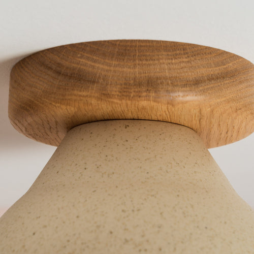Speckled Cream Matt Element Flush Mount Ceiling Light in Ceramic and Oak