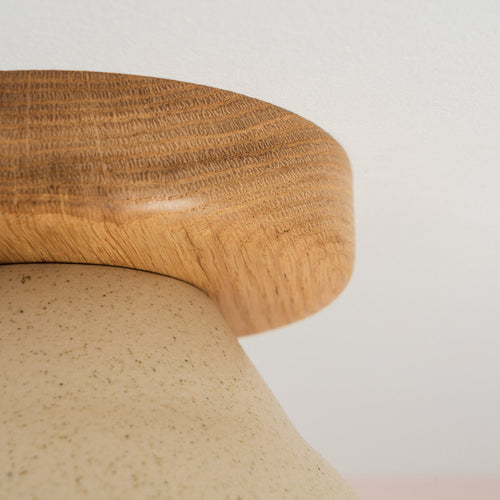 Speckled Cream Matt Element Flush Mount Ceiling Light in Ceramic and Oak