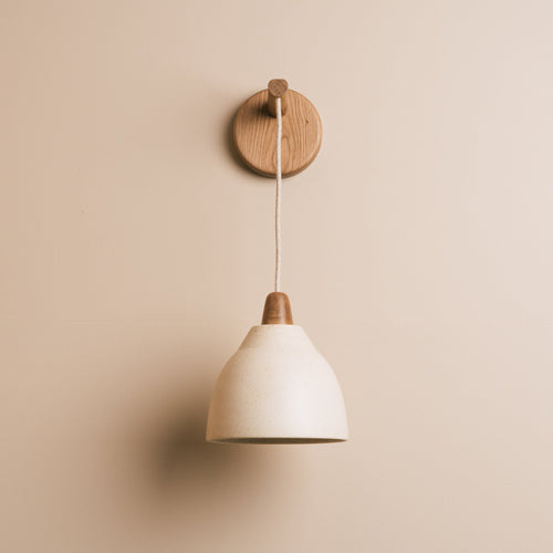 Speckled Cream Matt Element Hanging Wall Light in Ceramic and Oak