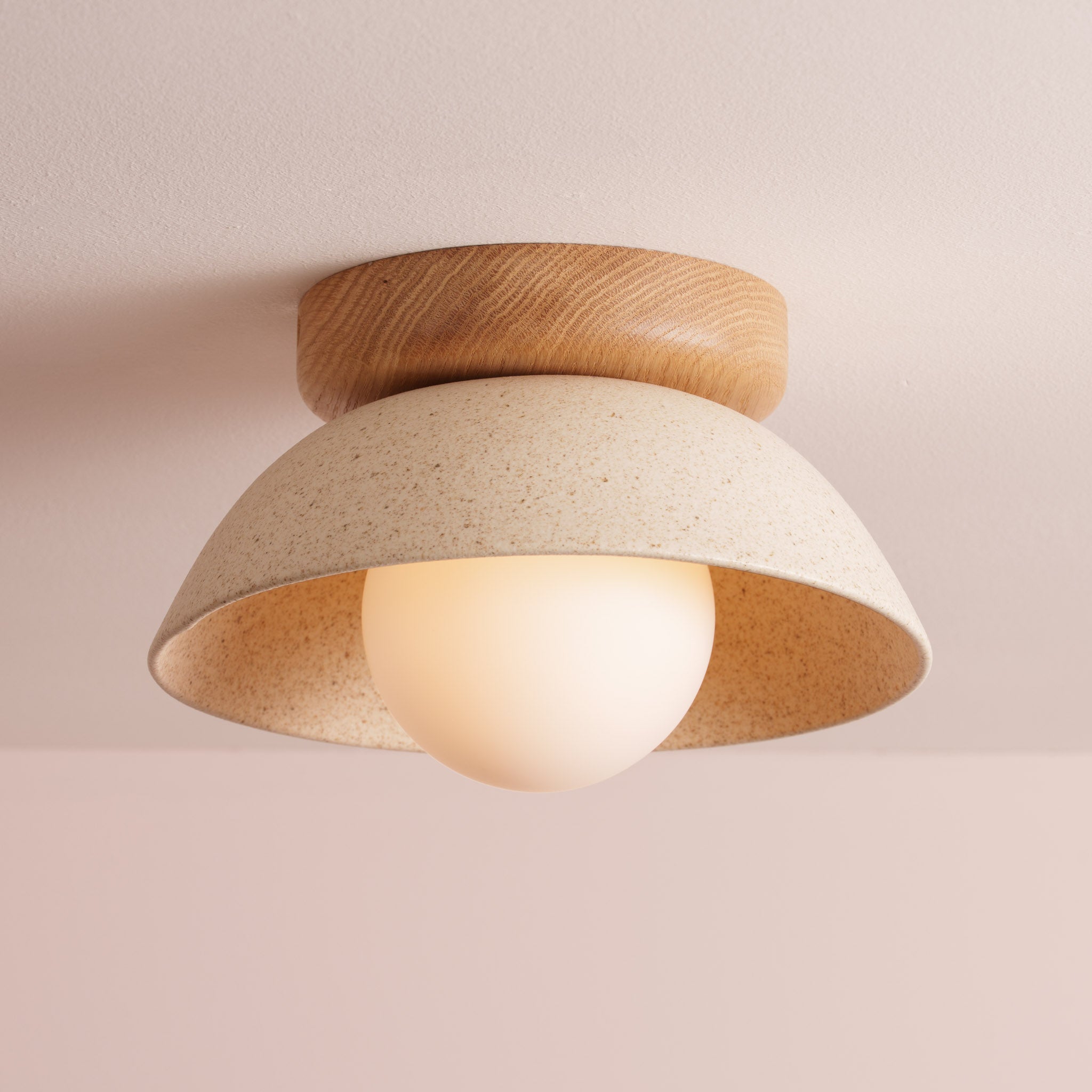 Speckled Cream Matt Small Dawn Ceiling Light in Ceramic and Oak