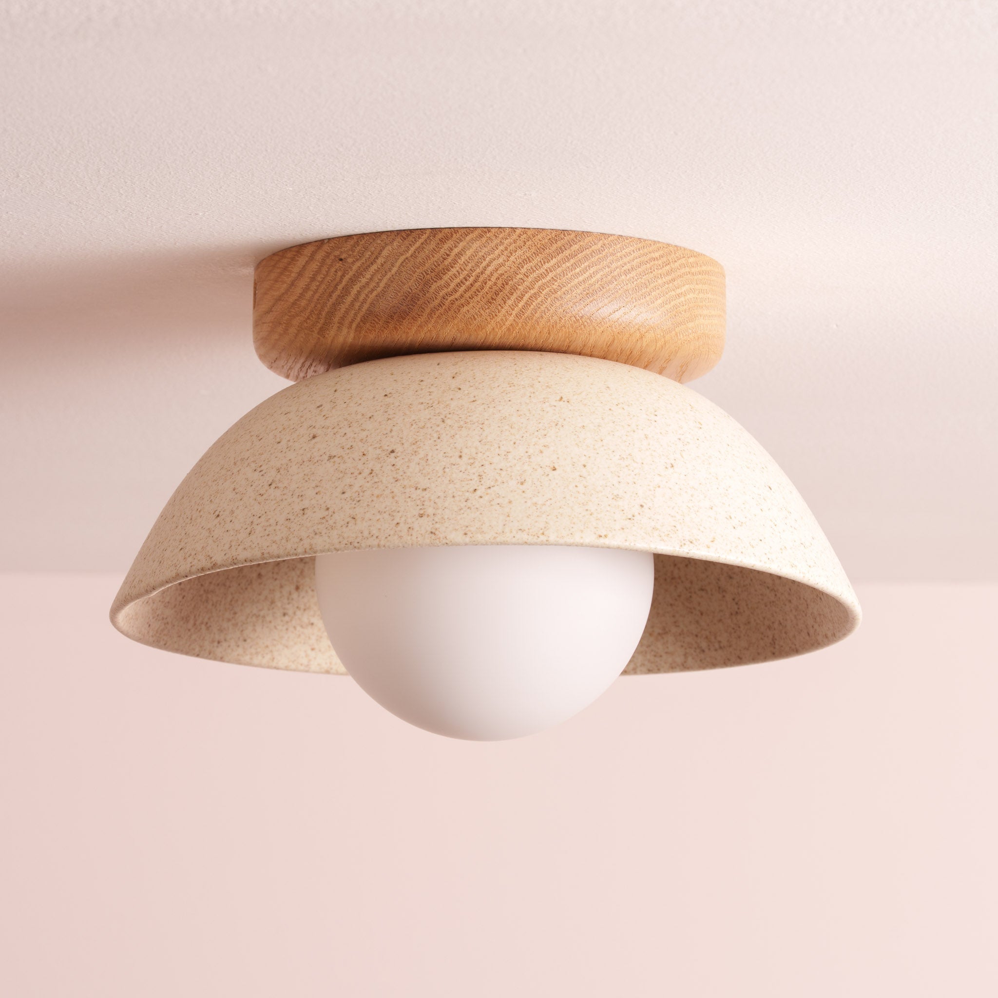 Speckled Cream Matt Small Dawn Ceiling Light in Ceramic and Oak