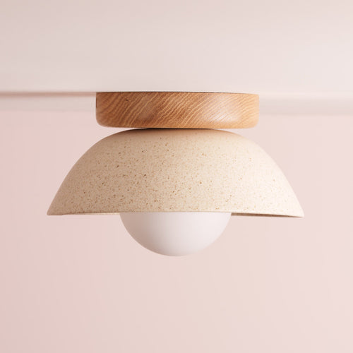 Speckled Cream Matt Small Dawn Ceiling Light in Ceramic and Oak