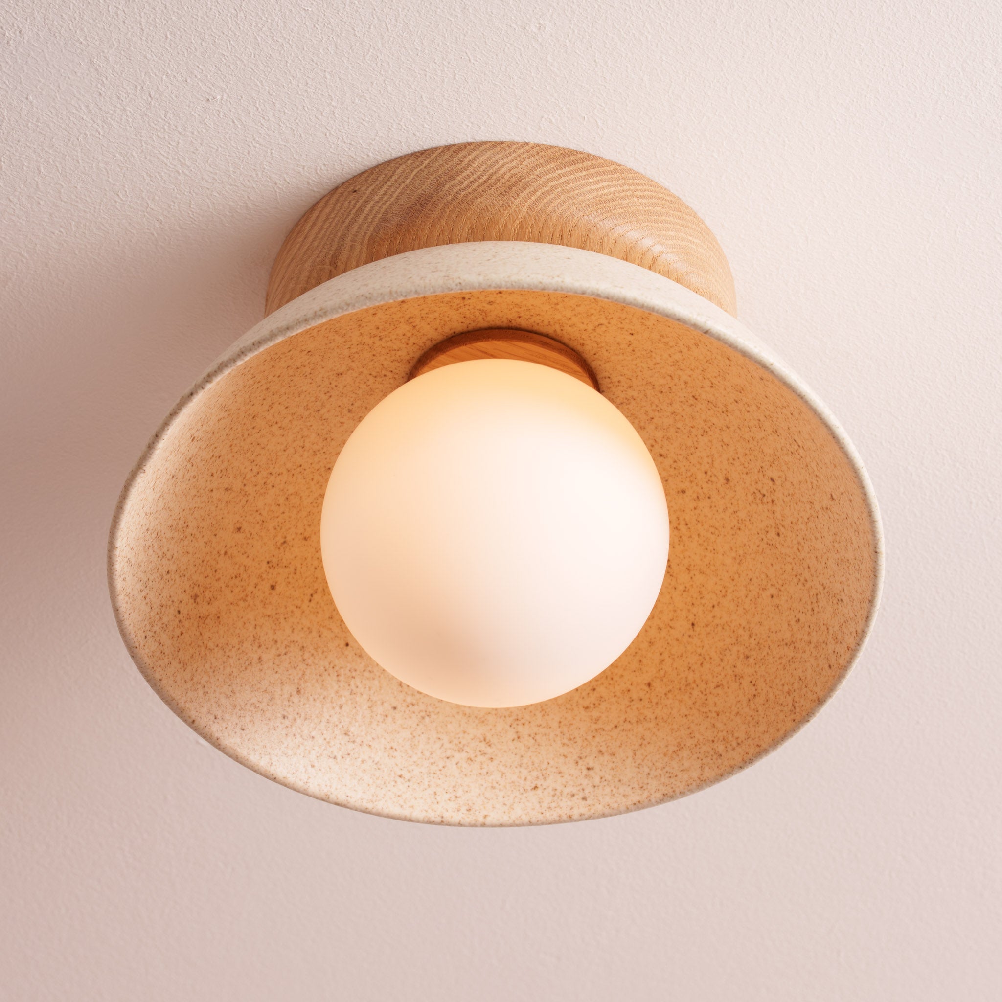 Speckled Cream Matt Small Dawn Ceiling Light in Ceramic and Oak