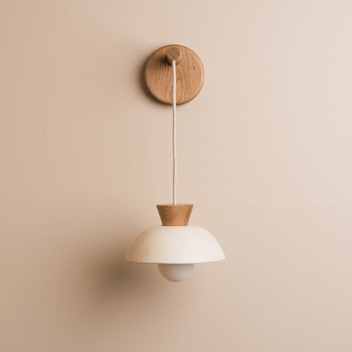 Small Dawn Hanging Wall Light in Ceramic and Oak - Speckled Cream Matt