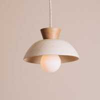 Speckled Cream Matt Small Dawn Pendant Light in Ceramic and Oak