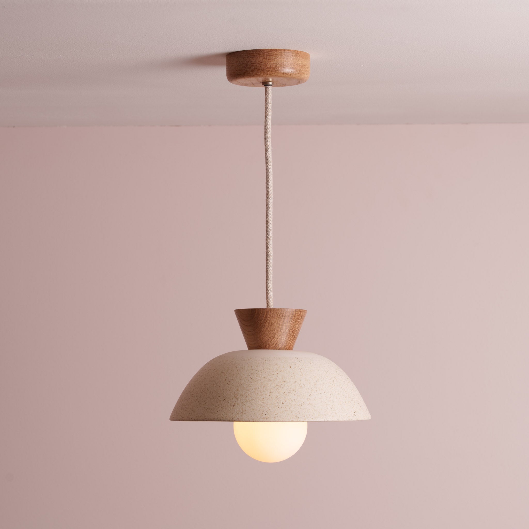 Speckled Cream Matt Small Dawn Pendant Light in Ceramic and Oak