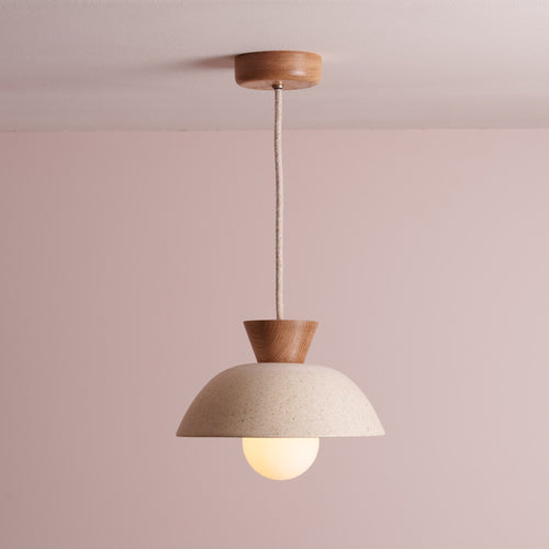 Speckled Cream Matt Small Dawn Pendant Light in Ceramic and Oak