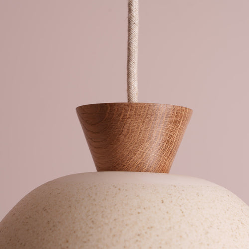 Speckled Cream Matt Small Dawn Pendant Light in Ceramic and Oak
