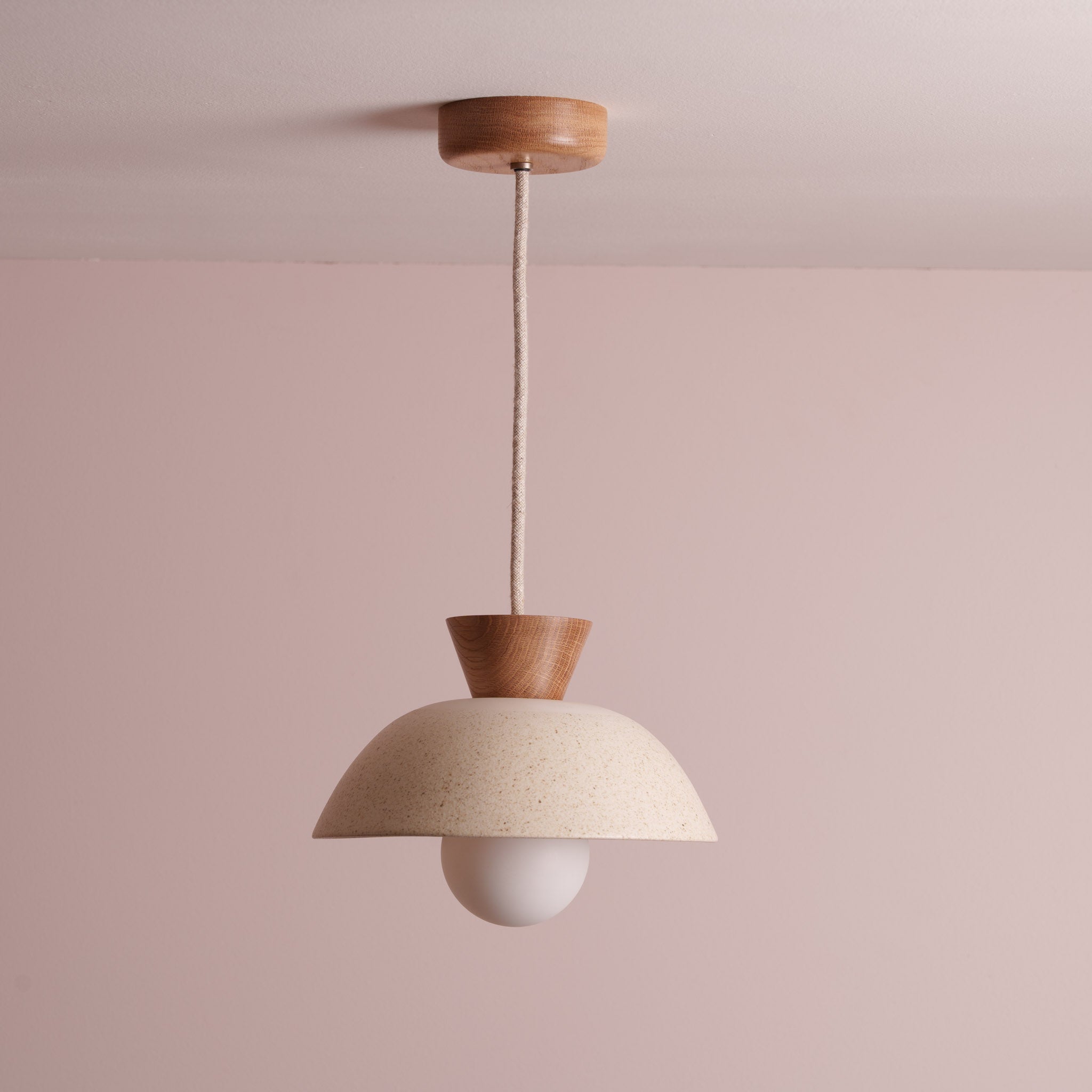 Speckled Cream Matt Small Dawn Pendant Light in Ceramic and Oak