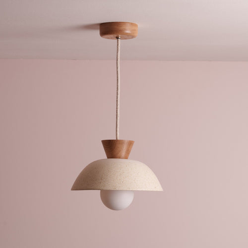 Speckled Cream Matt Small Dawn Pendant Light in Ceramic and Oak