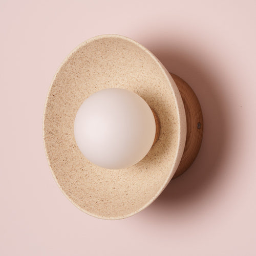 Speckled Cream Matt Small Dawn Wall Light in Ceramic and Oak