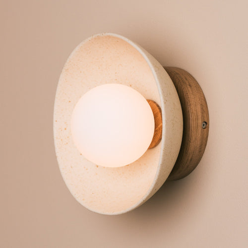 Speckled Cream Matt Small Dawn Wall Light in Ceramic and Oak