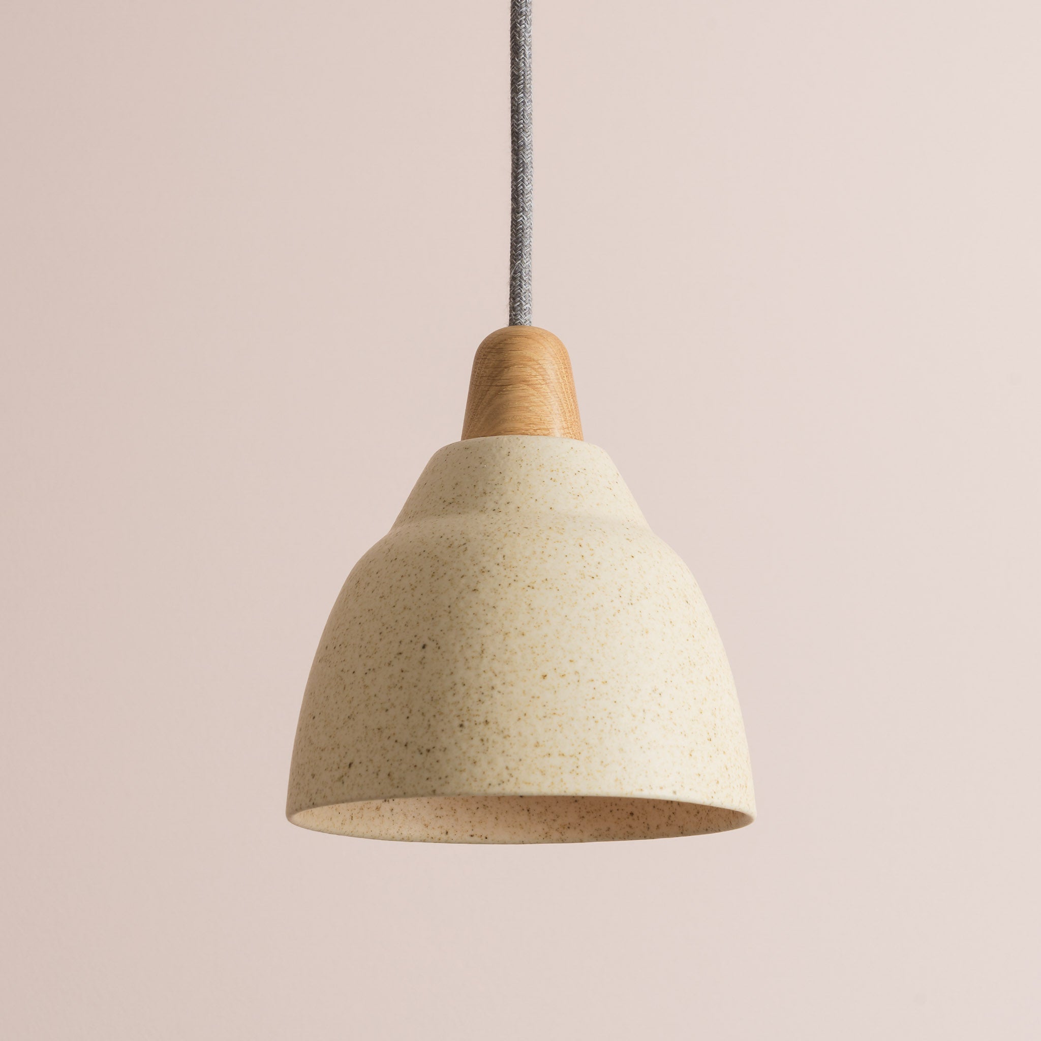 Small Speckled Cream Matt Element Pendant Light in Ceramic and Oak