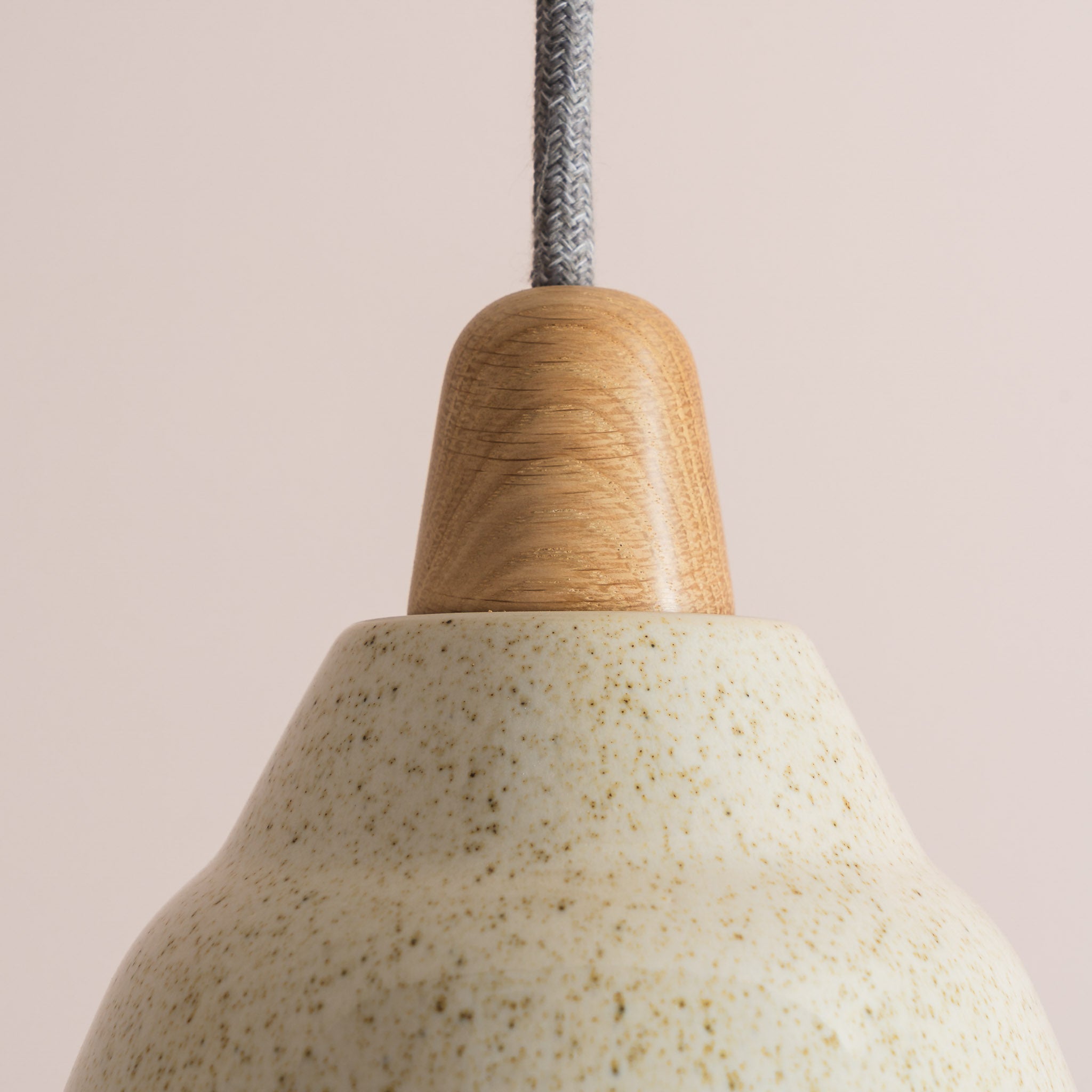 Small Speckled Cream Matt Element Pendant Light in Ceramic and Oak