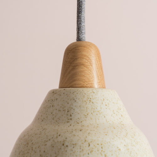 Small Speckled Cream Matt Element Pendant Light in Ceramic and Oak