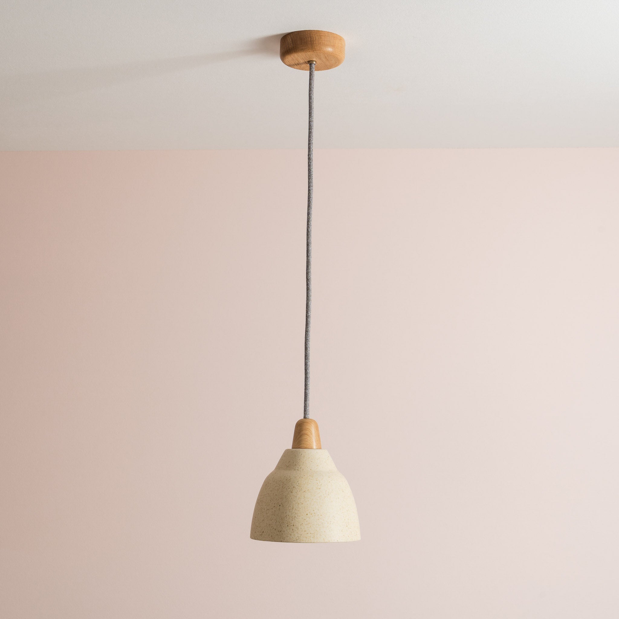 Small Speckled Cream Matt Element Pendant Light in Ceramic and Oak