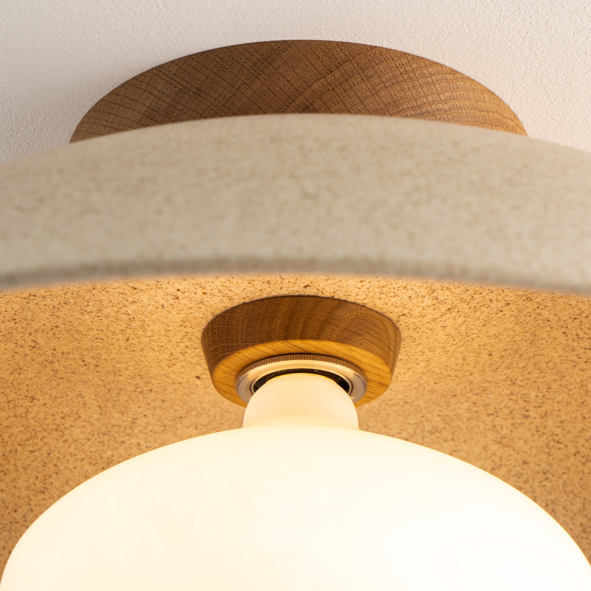 Speckled Cream Matt XL Dawn Flush Mount Ceiling Light in Ceramic and Oak