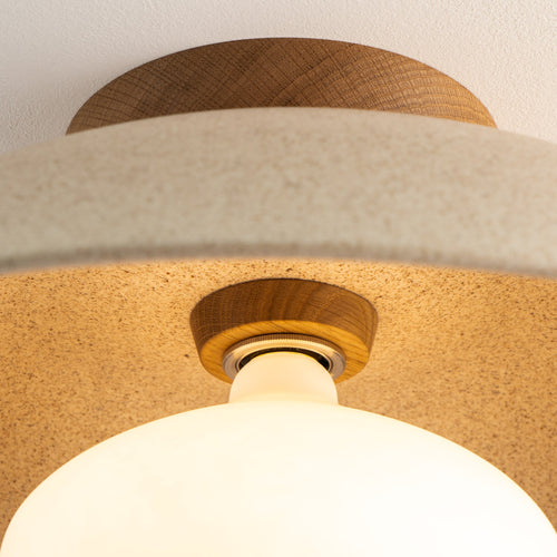 Speckled Cream Matt XL Dawn Flush Mount Ceiling Light in Ceramic and Oak