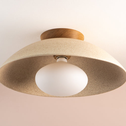 Speckled Cream Matt XL Dawn Flush Mount Ceiling Light in Ceramic and Oak