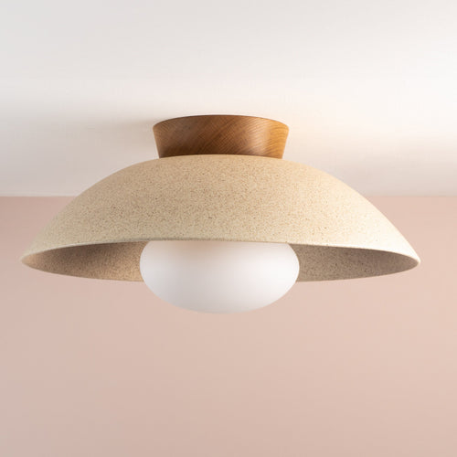 Speckled Cream Matt XL Dawn Flush Mount Ceiling Light in Ceramic and Oak