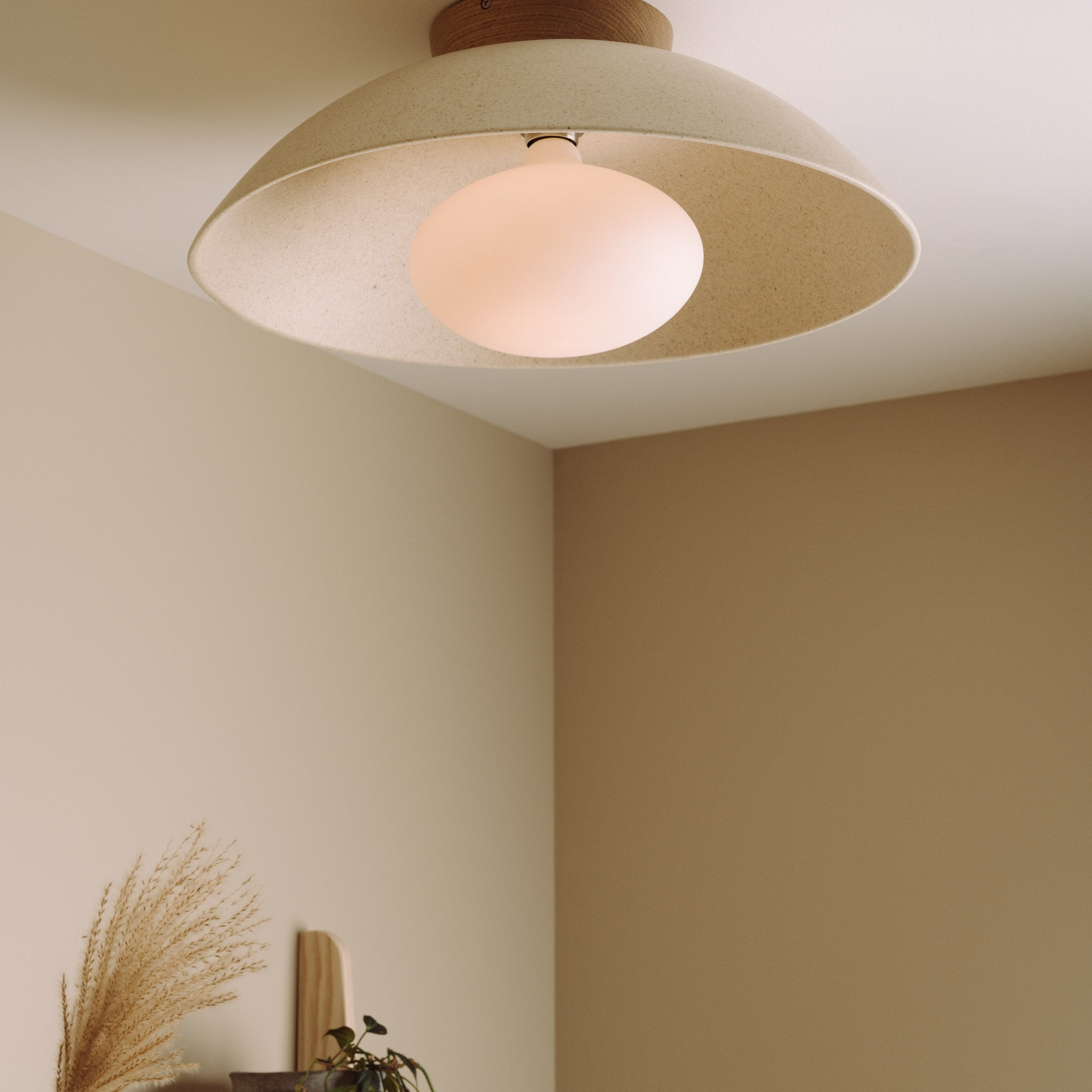 Speckled Cream Matt XL Dawn Flush Mount Ceiling Light in Ceramic and Oak