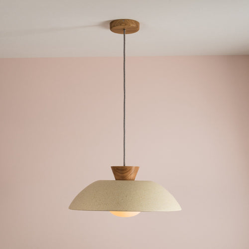 Speckled Cream Matt XL Dawn Pendant Light in Ceramic and Oak