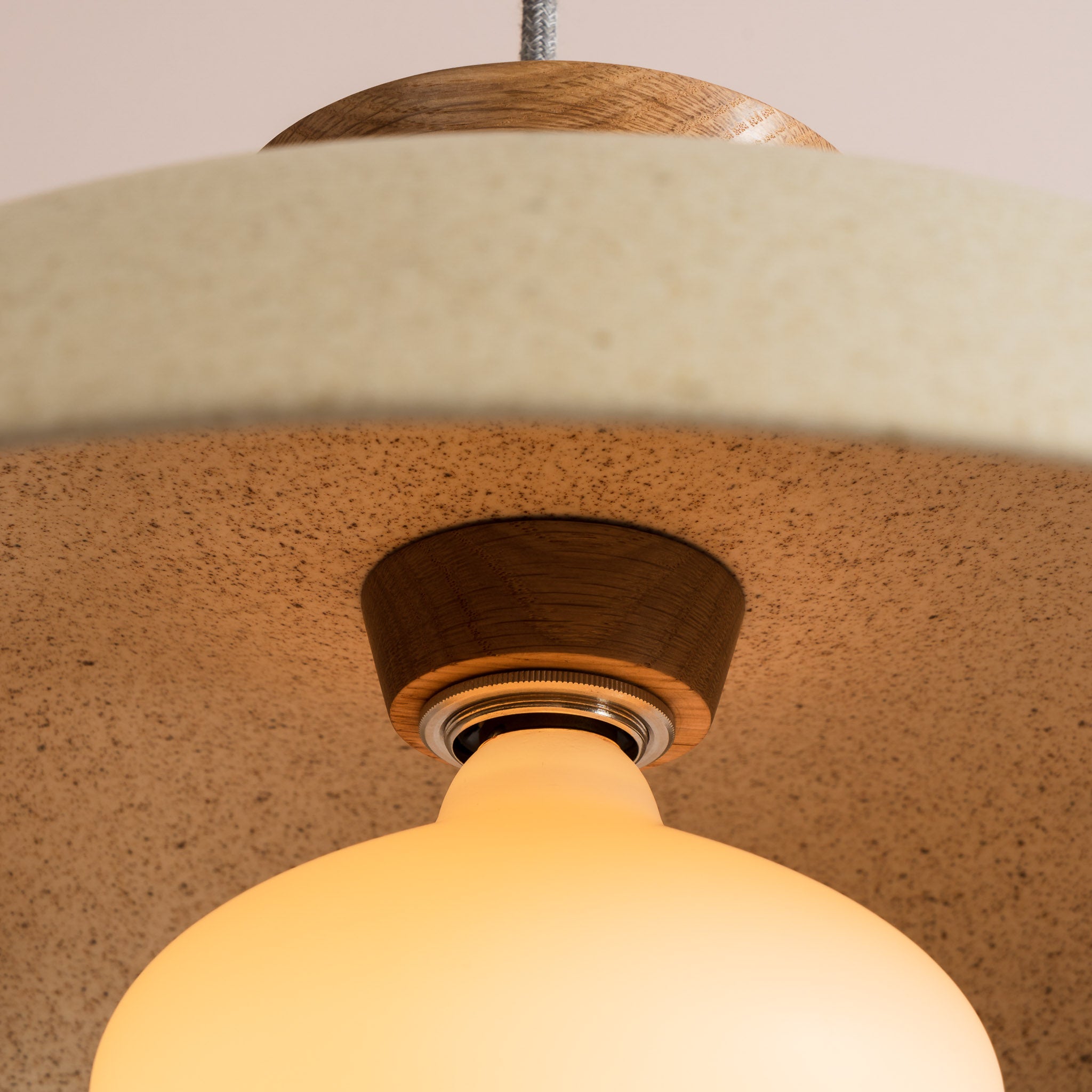 Speckled Cream Matt XL Dawn Pendant Light in Ceramic and Oak