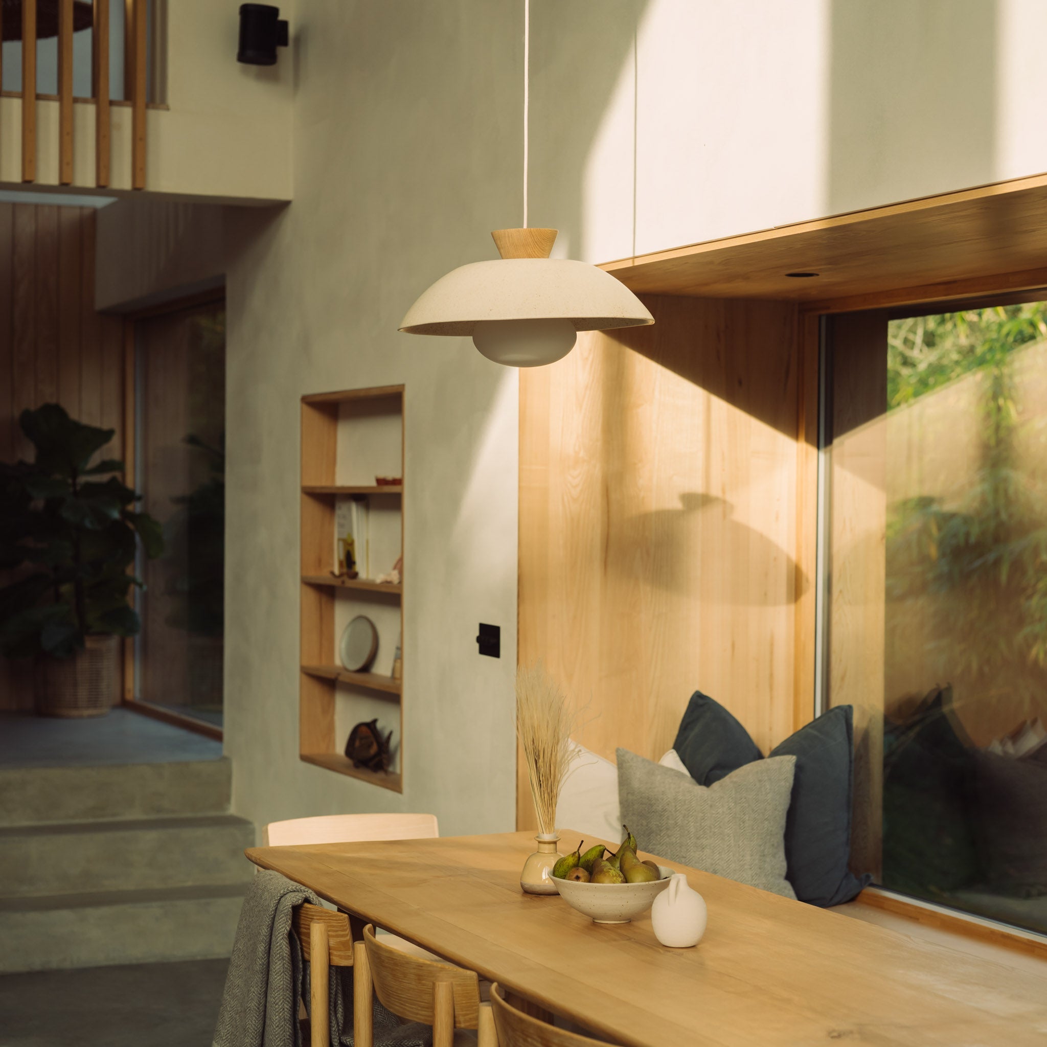Speckled Cream Matt XL Dawn Pendant Light in Ceramic and Oak