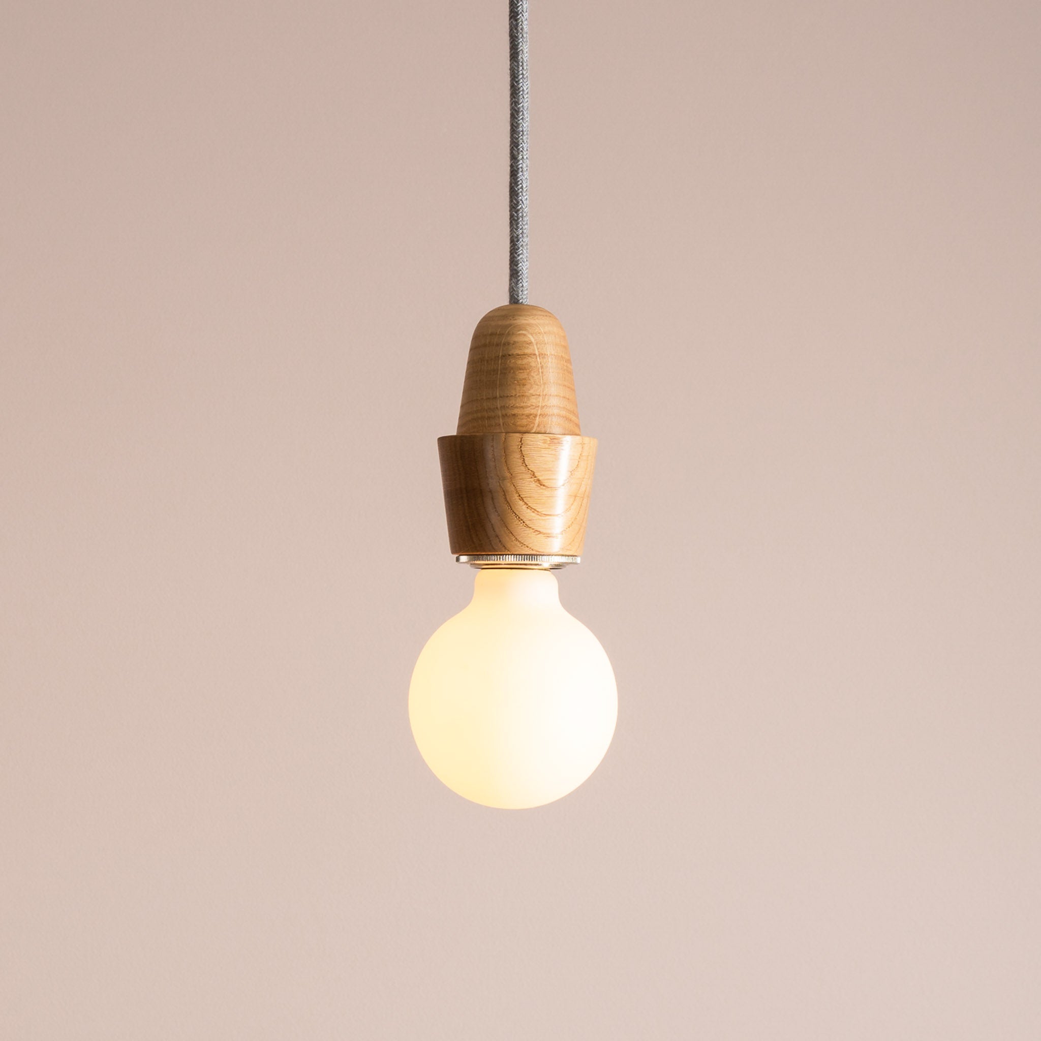 Wooden Element Pendant Light Fixture with Linen Cable and Solid Oak Ceiling Rose