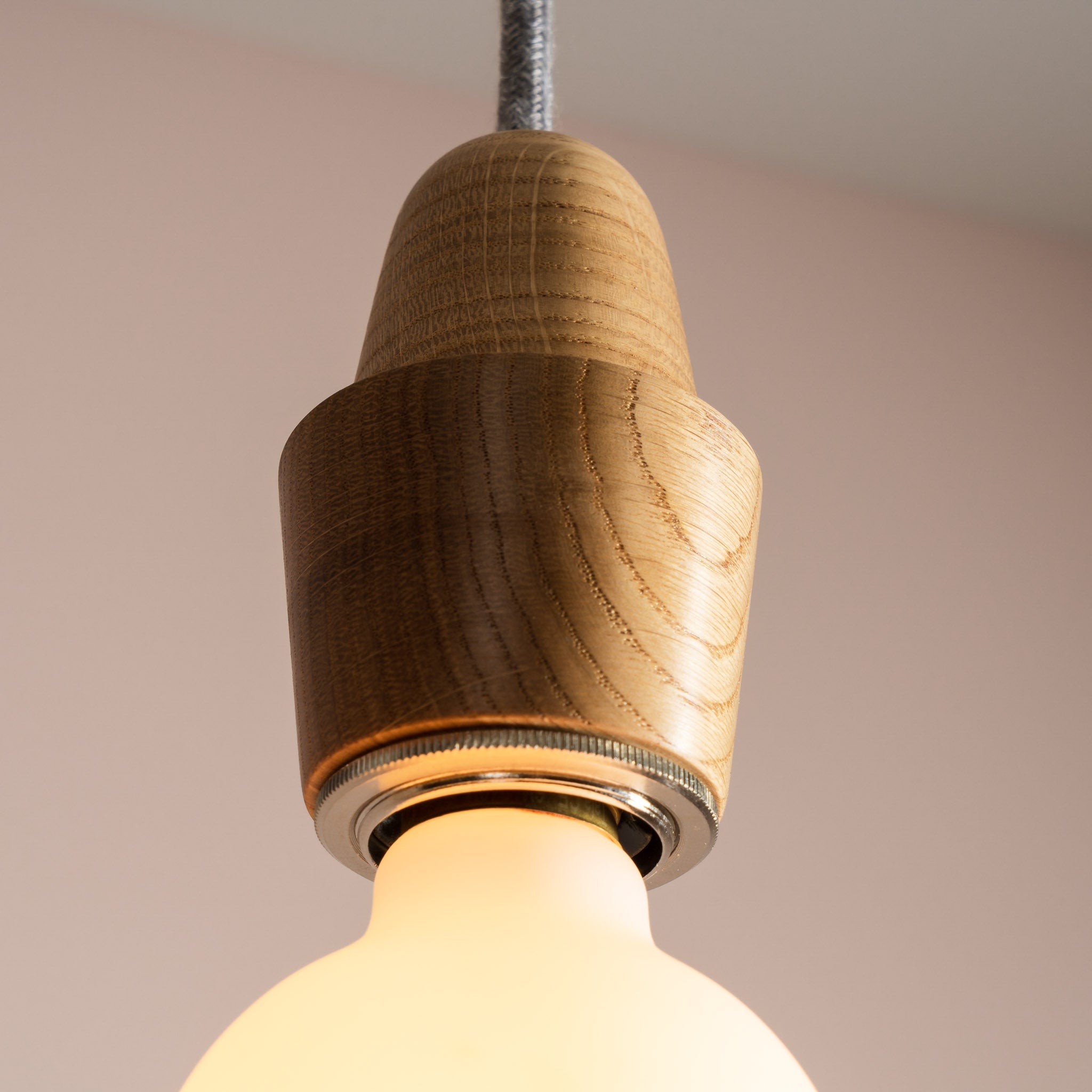 Wooden Element Pendant Light Fixture with Linen Cable and Solid Oak Ceiling Rose