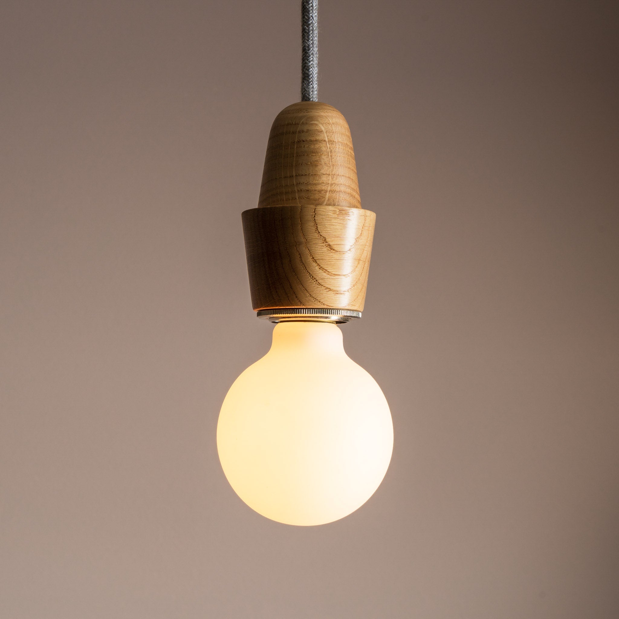 Wooden Element Pendant Light Fixture with Linen Cable and Solid Oak Ceiling Rose