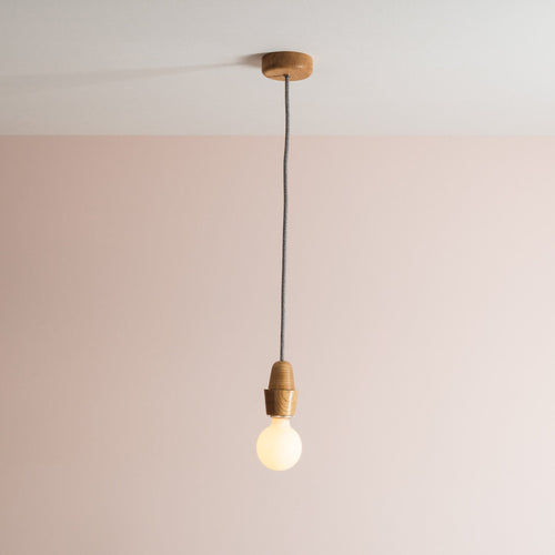 Wooden Element Pendant Light Fixture with Linen Cable and Solid Oak Ceiling Rose
