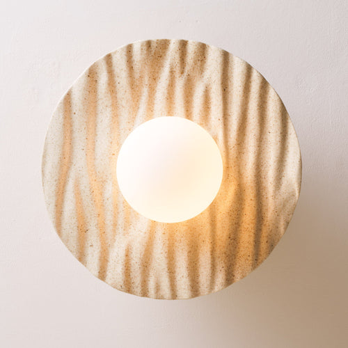 Speckled Cream Matt Porth Flush Mount Ceiling Light in Ceramic and Oak