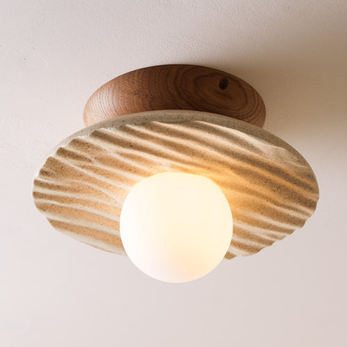 Speckled Cream Matt Porth Flush Mount Ceiling Light in Ceramic and Oak