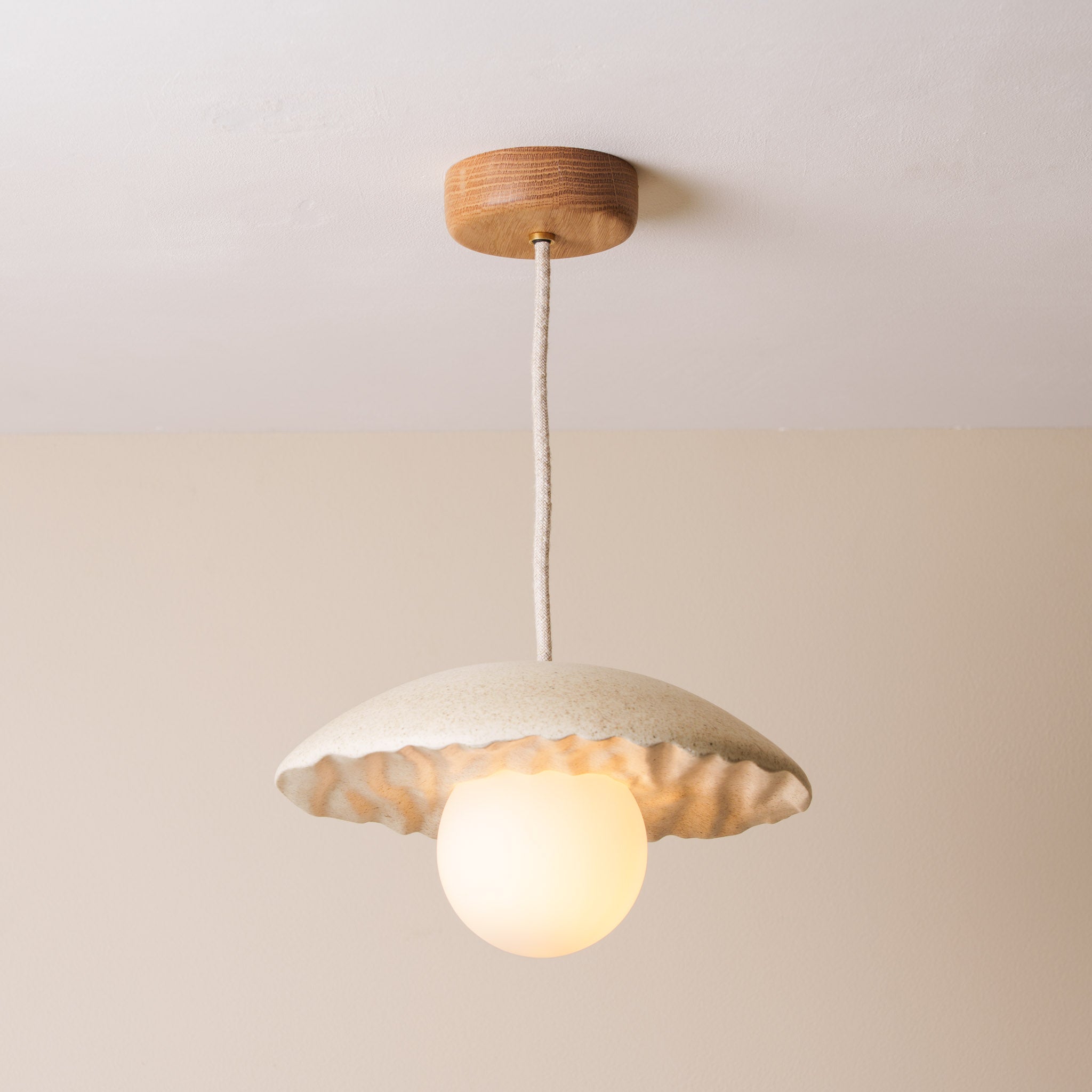Speckled Cream Matt Porth Pendant Light in Ceramic and Oak