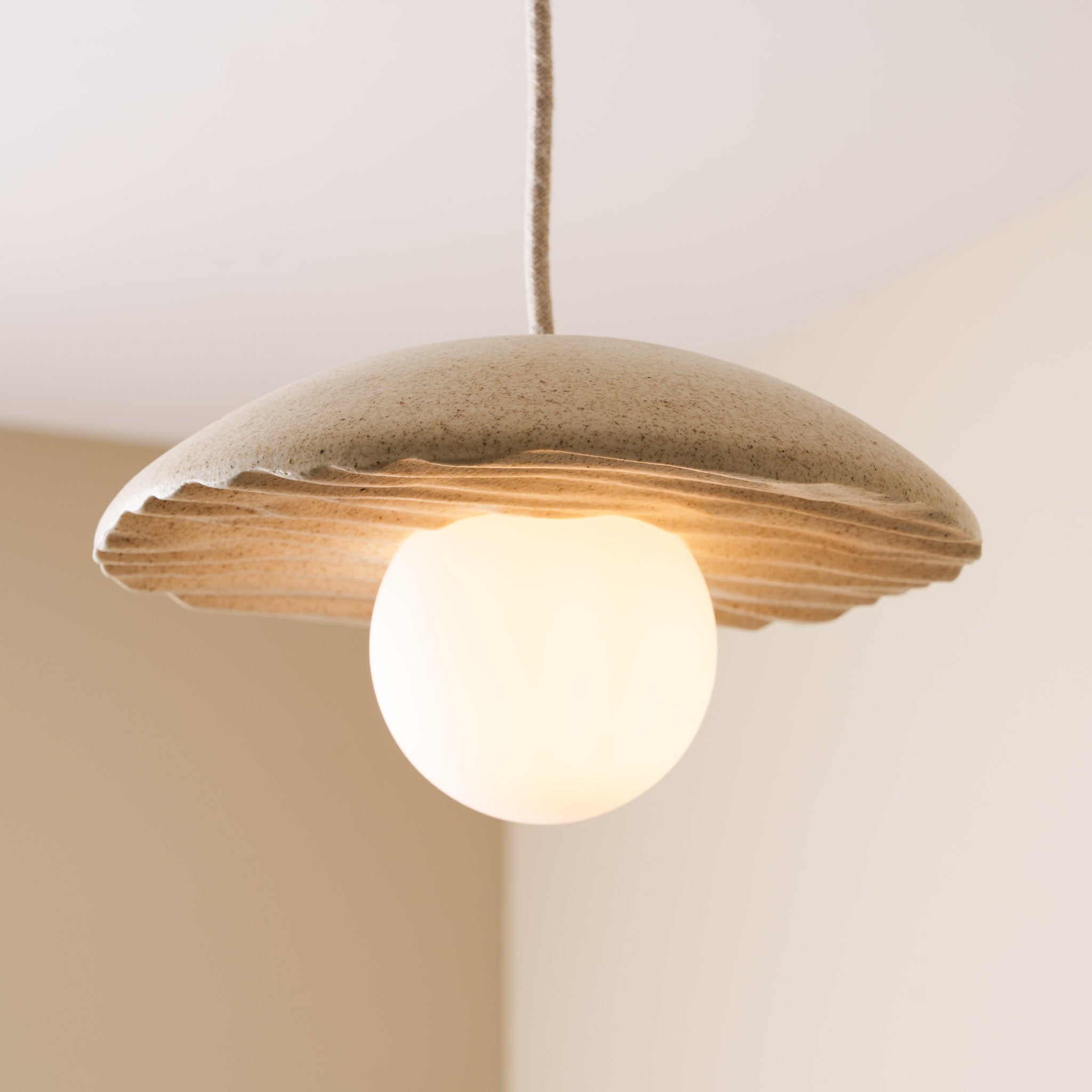Speckled Cream Matt Porth Pendant Light in Ceramic and Oak