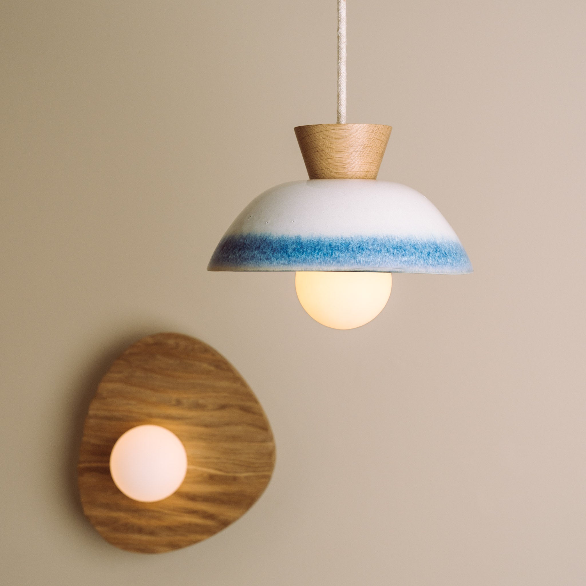 Blue and White Small Dawn Pendant Light in Ceramic and Oak