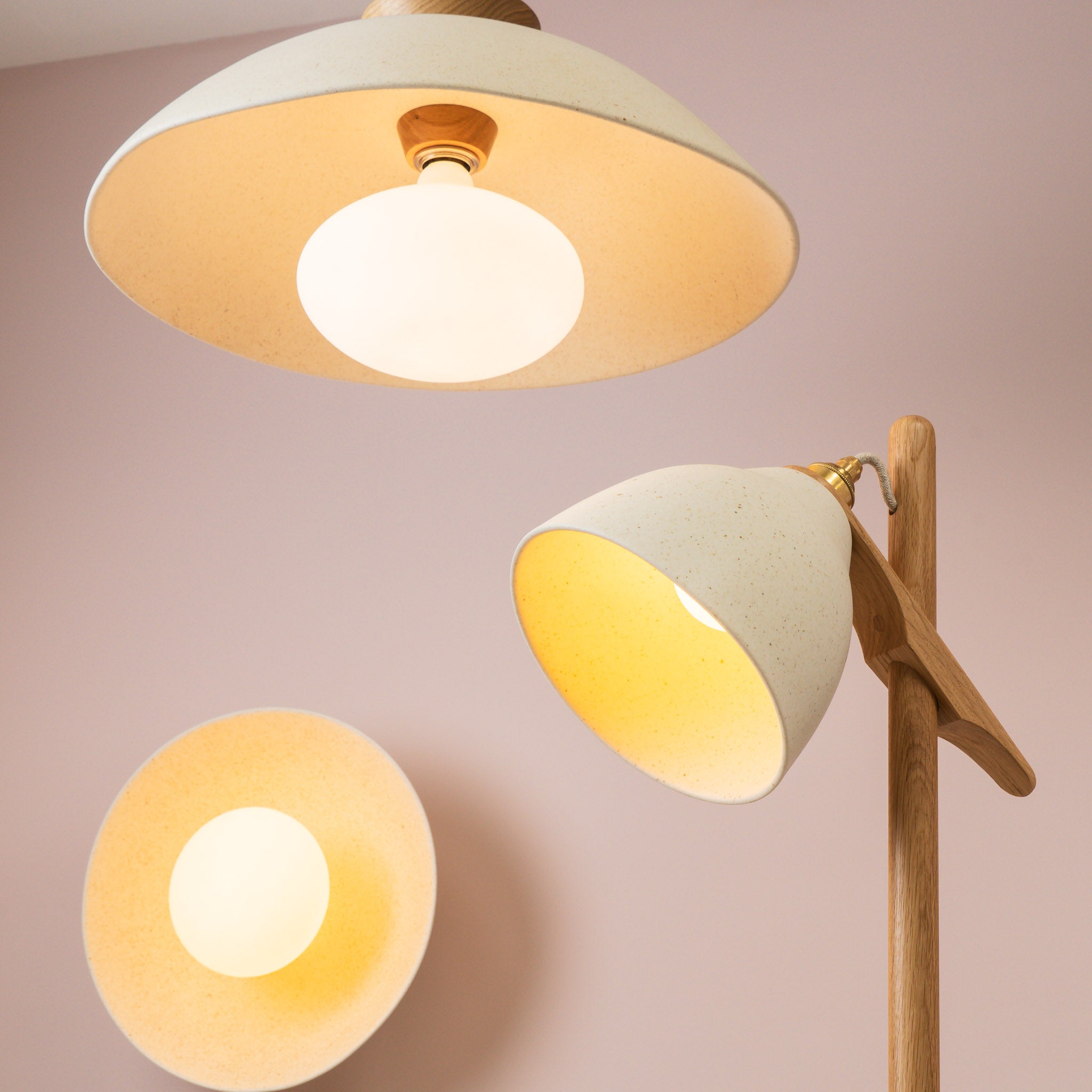 Speckled Cream Matt Element Floor Lamp in Solid Oak Wood and Ceramic