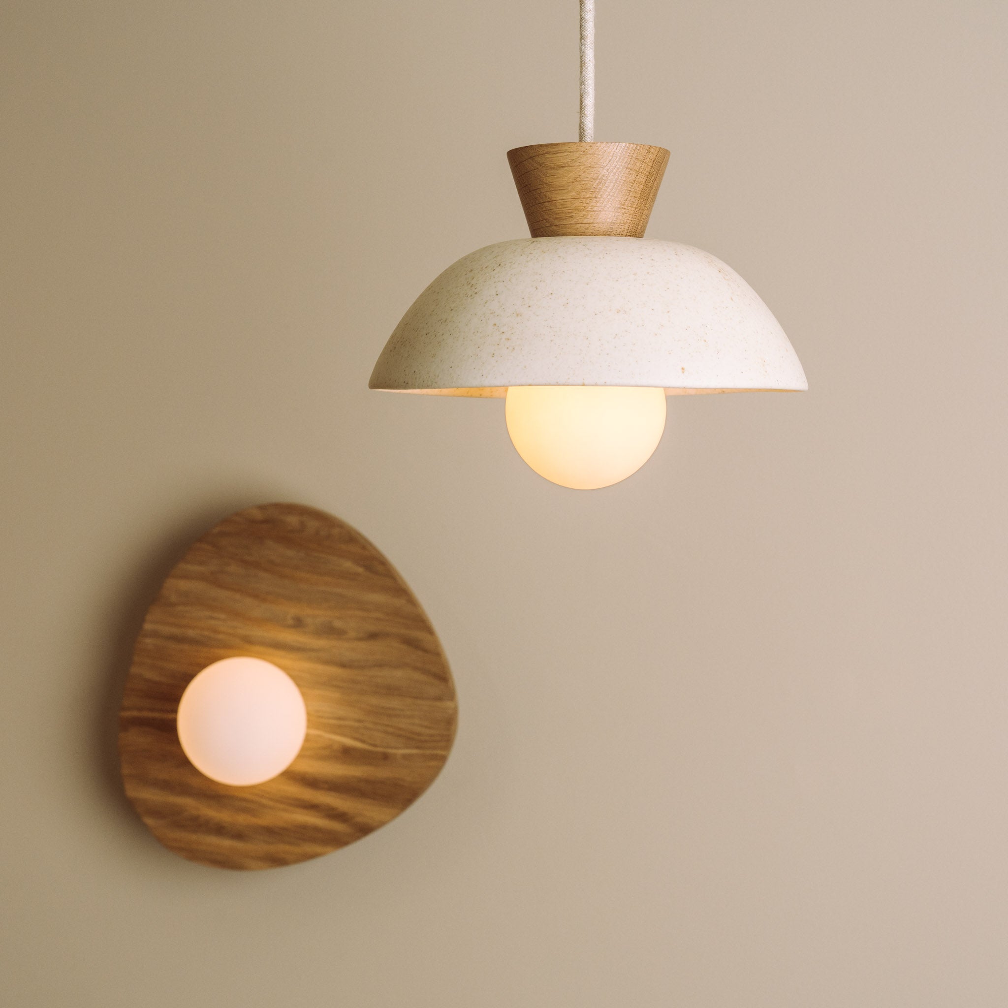 Speckled Cream Matt Small Dawn Pendant Light in Ceramic and Oak